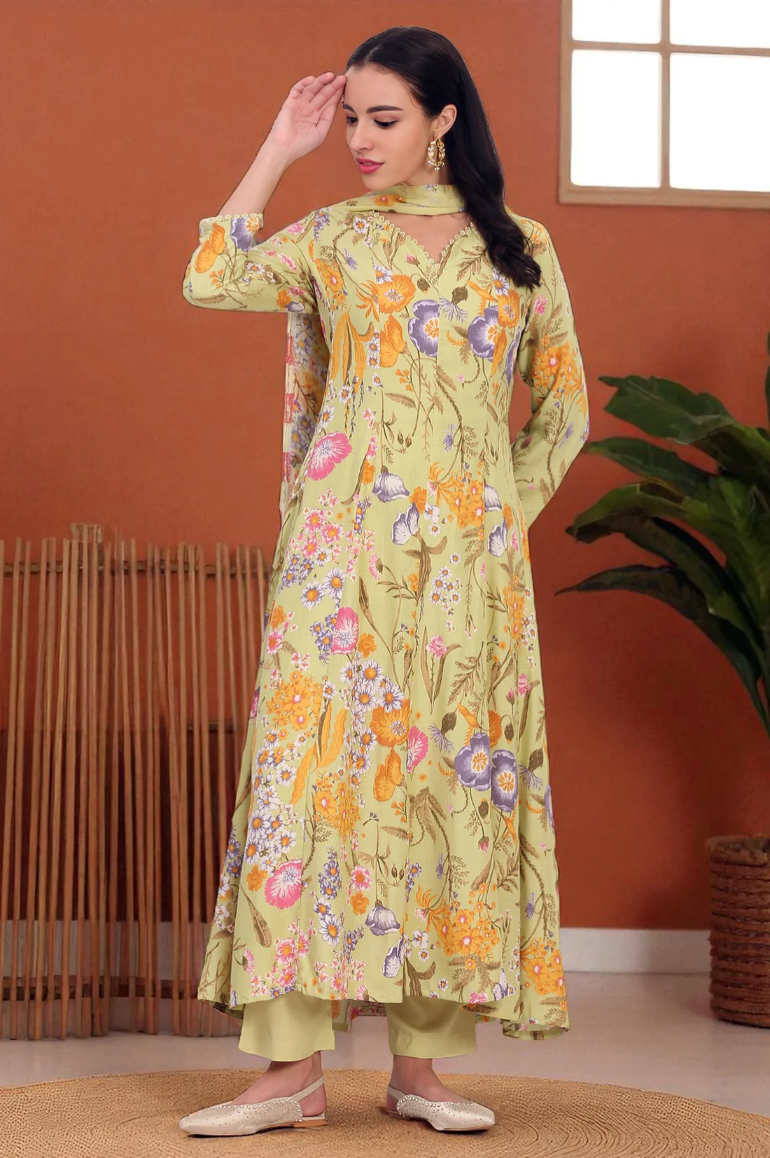 Light Green Floral Printed Rayon Anarkali Kurta